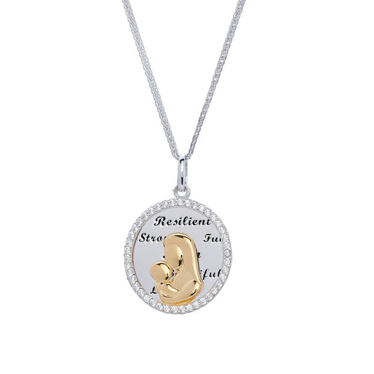 Close up shot of Sterling sliver mom and child pendant. With a backdrop silver plate engraved with powerful words describing a Mom's character, Strong, Resilient, Beautiful, Fun, Loving. Color Yellow Gold, Metal: Silver Sterling