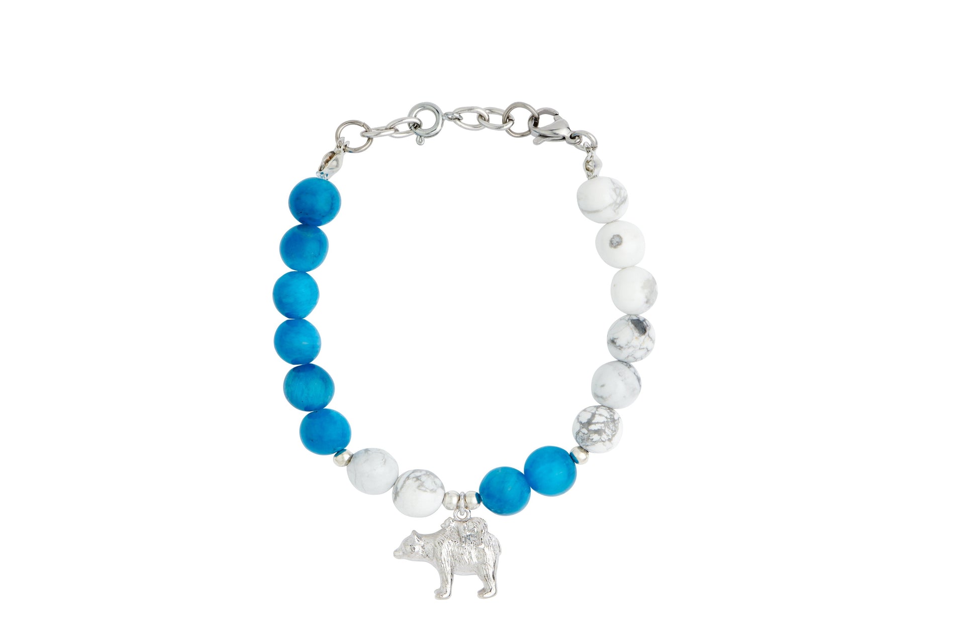 Mama Bear bracelet. Full product shot showing  bracelet made out of White Howlite and Blue Apatie Beads with adjustable lobster claws. Size 6 Inches to 8 Inches