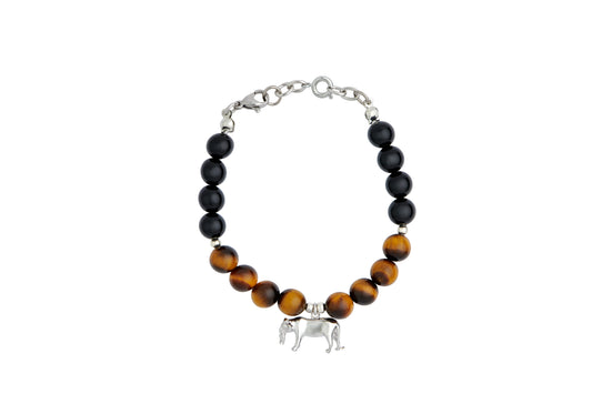 Full shot of Mama Tigress bracelet. Made with Tiger eye and Black Onyx earth stone beads. Adjustable lobster claw bracelet, wrist size 6 inches up to 8 inches. 