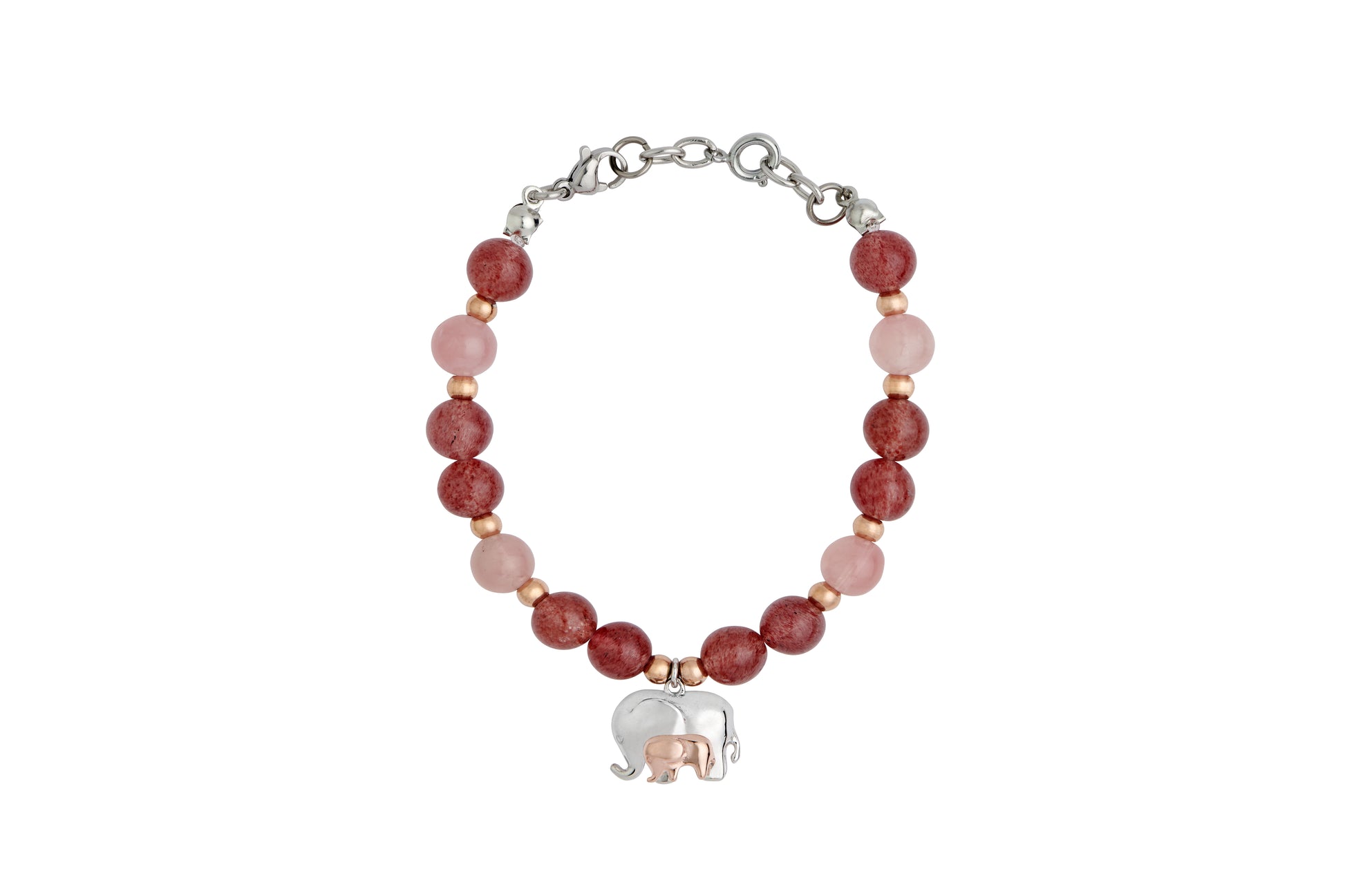 Full shot of Mama Elephant bracelet. Bracelet made from Rose Quart Beads and Strawberry Quart beads. Adjustable lobster claw, wrist size 6 inches up  to 8 inches. 