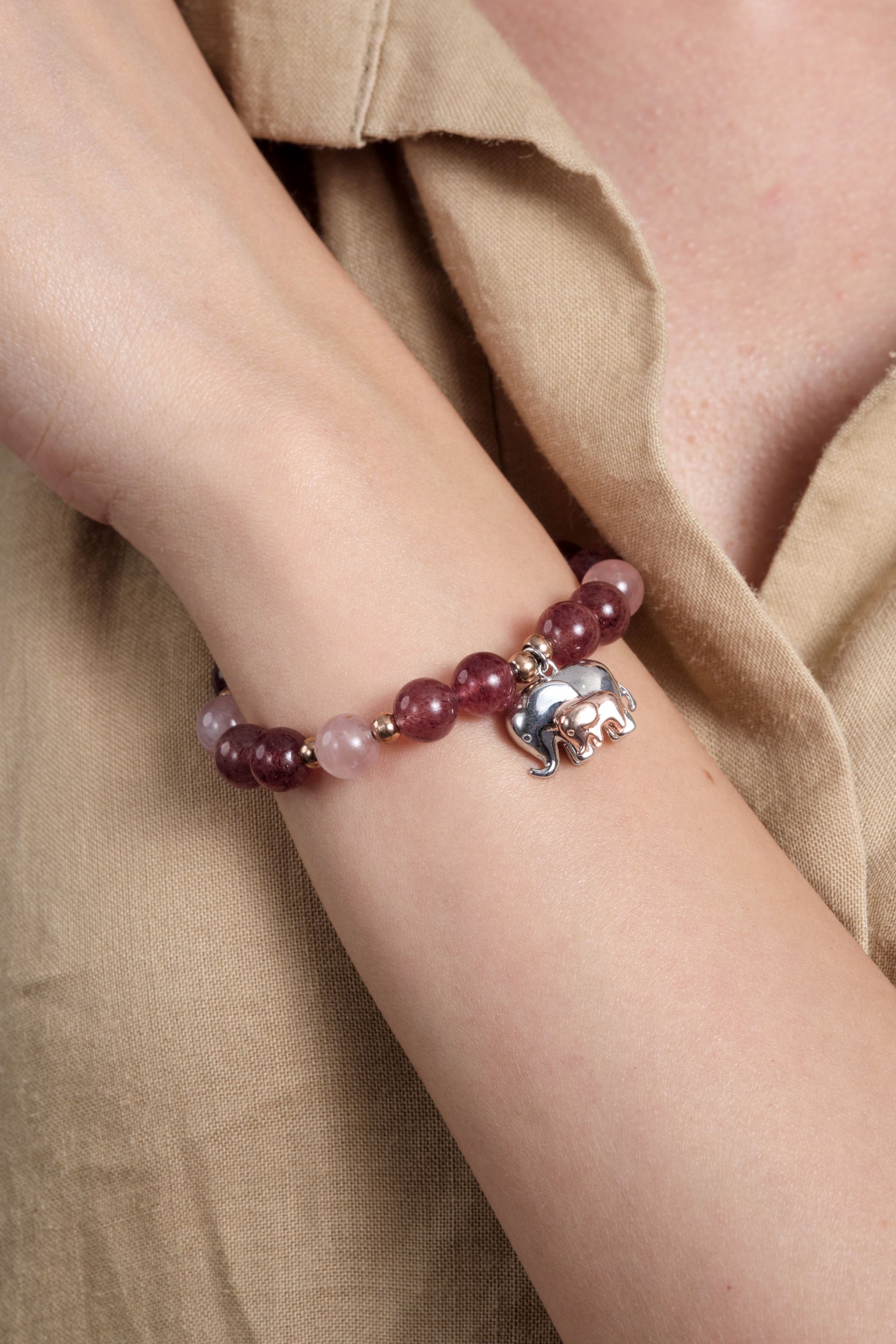 Close up shot of model wearing Mama Elephant bracelet